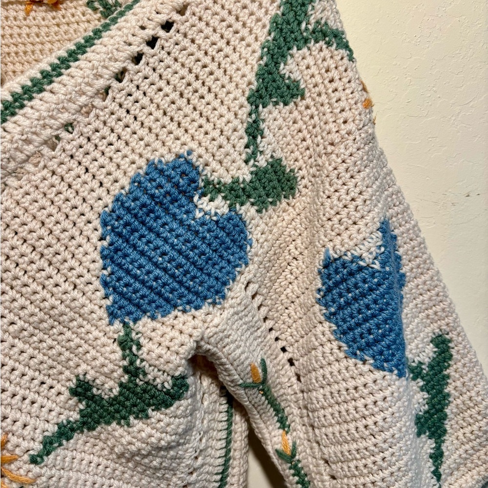 Handmade Boho Granny Knit Blanket Hearts Flowers Blue, Yellow, Cream Cardigan - Picture 8 of 8